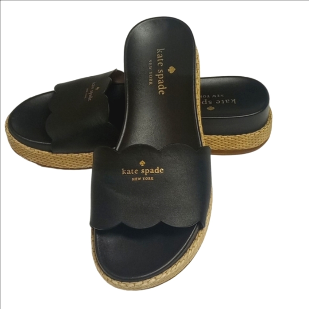 ♠️ KATE SPADE "ZEST" BLACK LEATHER ESPADRILLES SLIDES WITH FRONT GOLD LOGO